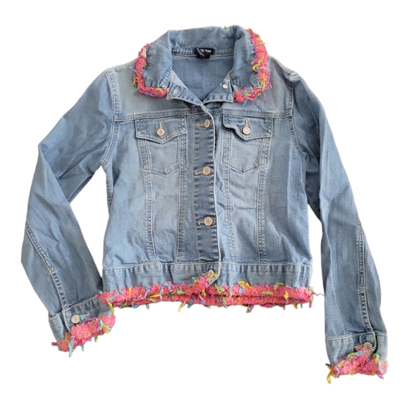 HP 😊 Vtg Girl's Gap Kids Confetti Pink Trim Blue Jean Jacket Sz XL 12 - Picture 1 of 6